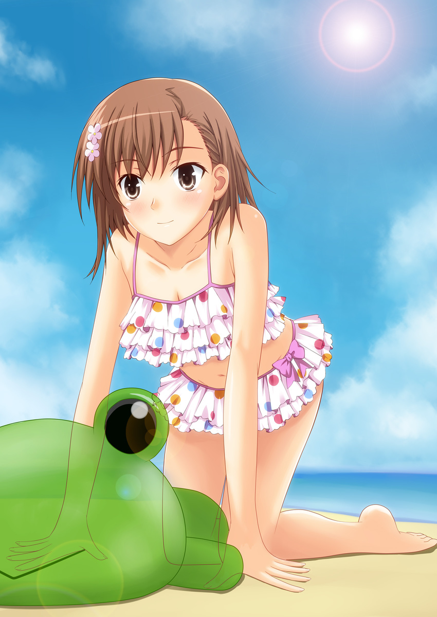 absurdres all_fours barefoot beach bikini blush brown_eyes brown_hair day feet frilled_swimsuit frills gekota hair_ornament hairpin highres kamiko_to_seiryoku lens_flare misaka_mikoto navel polka_dot polka_dot_swimsuit sand short_hair solo swimsuit tankini to_aru_majutsu_no_index