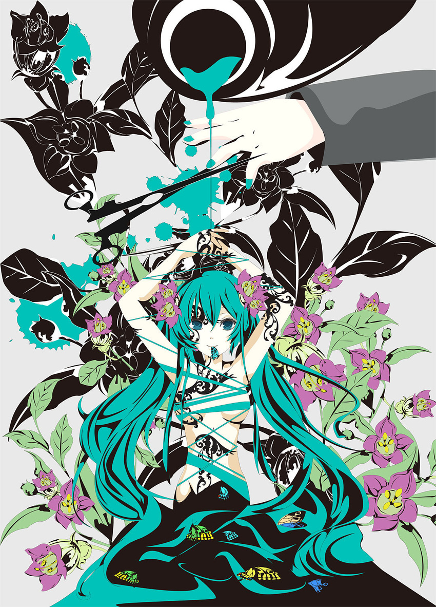 abstract aqua_eyes aqua_hair arms_up bad_id bad_pixiv_id bug butterfly flower hatsune_miku highres insect long_hair nude paint_splatter sakisato_kiriko smile solo tattoo twintails very_long_hair vocaloid