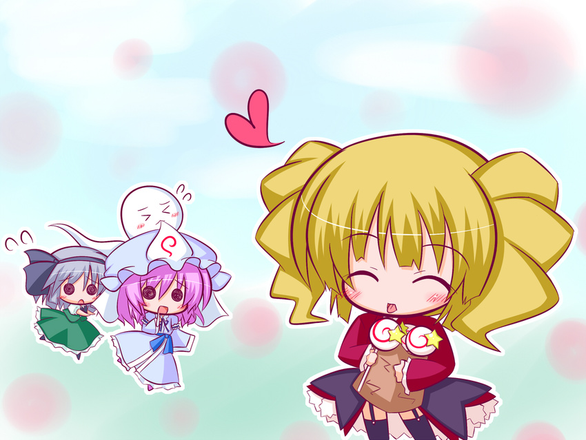 beelzebub candy chibi crossover drill_hair flying_sweatdrops food heart komakoma_(magicaltale) konpaku_youmu konpaku_youmu_(ghost) lollipop multiple_girls saigyouji_yuyuko stakes_of_purgatory star swirl_lollipop touhou umineko_no_naku_koro_ni