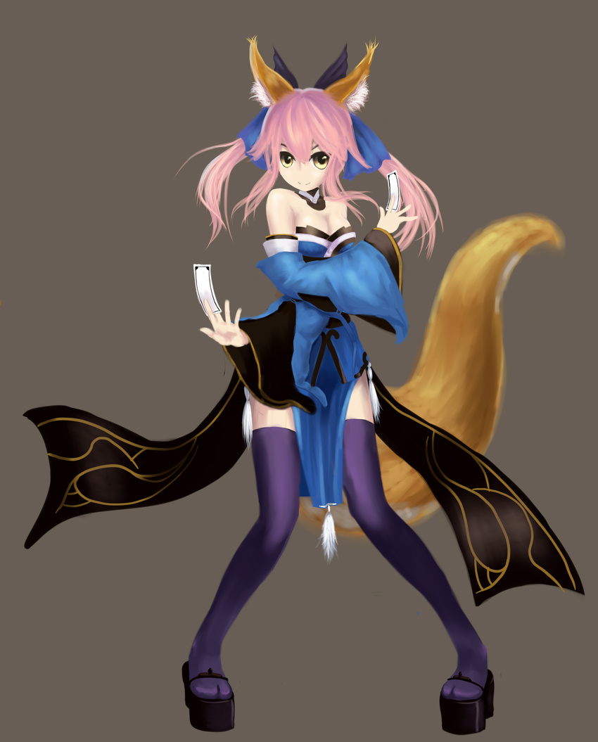absurdres animal_ears bad_id bad_pixiv_id breasts fate/extra fate_(series) fox_ears fox_tail hair_ribbon highres japanese_clothes legs medium_breasts pink_hair ribbon smile solo tail tamamo_(fate)_(all) tamamo_no_mae_(fate) thighhighs tsukikanade twintails yellow_eyes