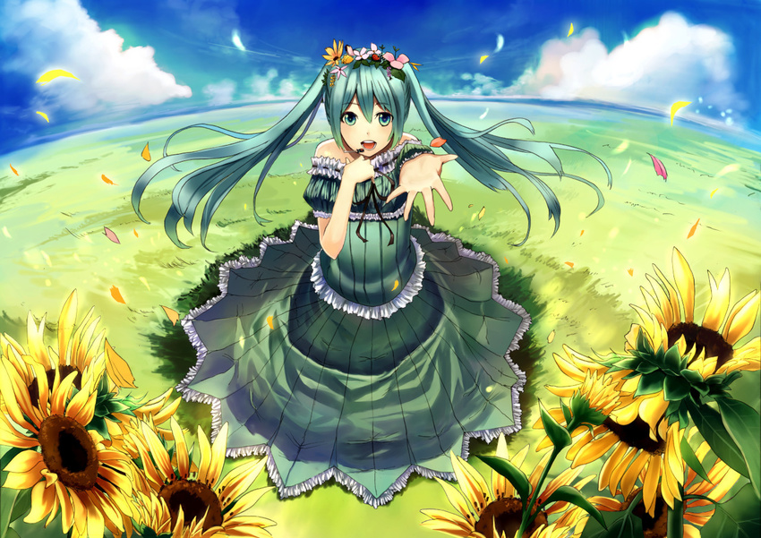 aqua_eyes aqua_hair bad_id bad_pixiv_id cloud day dress fisheye flower foreshortening hair_flower hair_ornament hand_on_own_chest hatsune_miku head_wreath ichiko_oharu long_hair looking_at_viewer microphone music outstretched_hand singing sky solo sunflower twintails vocaloid