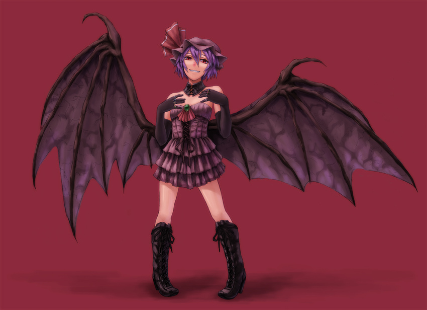 bad_id bad_pixiv_id bat_wings boots dress elbow_gloves gloves hat highres kurione_(zassou) purple_hair red_eyes remilia_scarlet short_hair solo touhou wings