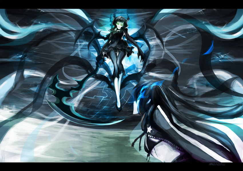 absurdres bad_id bad_pixiv_id black_hair black_rock_shooter black_rock_shooter_(character) blue_eyes burning_eye confrontation dead_master eye_contact flying glowing glowing_eyes green_eyes highres horns letterboxed looking_at_another monono multiple_girls scythe star