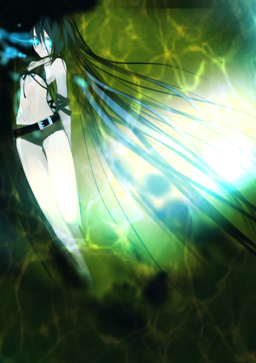 absurdres belt bikini_top black_hair black_rock_shooter black_rock_shooter_(character) blue_eyes burning_eye glowing glowing_eyes highres legs long_hair midriff navel saibashi shorts solo very_long_hair