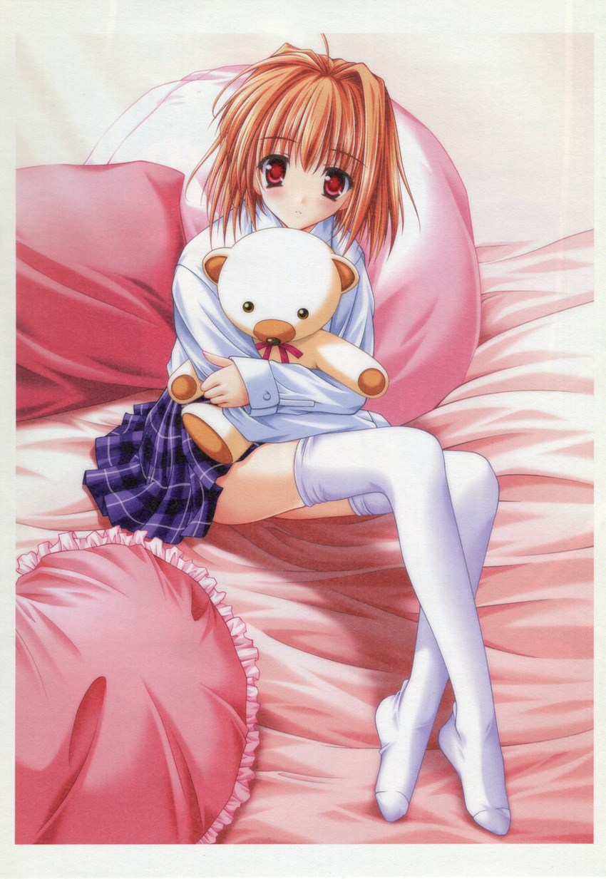 amane_sou arcueid_brunestud bed feet heart highres legs pillow plaid sitting stockings stuffed_animal stuffed_toy tartan teddy_bear thigh-highs thighhighs tsukihime zettai_ryouiki