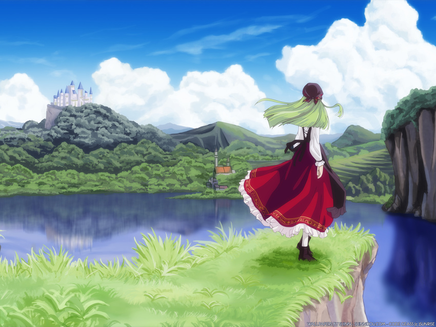 apron arms_at_sides artist_request back bandana black_apron black_bandana black_footwear blue_sky c.c. castle cliff cloud code_geass day dress facing_away frilled_sleeves frills from_behind grass green_hair highres house lake long_hair long_sleeves mountain outdoors pantyhose plant reflection scenery sky solo standing terrace wallpaper water white_legwear wind