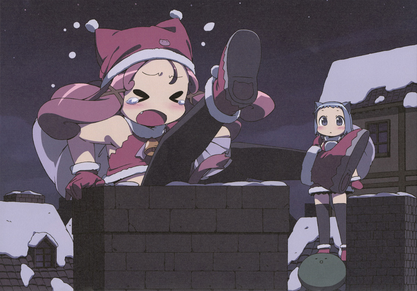 &gt;_&lt; :&lt; animal_ears bare_shoulders bell black_legwear blue_eyes blue_hair blush cat_ears cat_tail child chimney christmas closed_eyes fang hair_ribbon hat kanzaki_hiro long_hair multiple_girls night open_mouth original outdoors red_hair ribbon santa_costume santa_hat short_hair snow stuck tabgraphics tail tareme tears thighhighs zettai_ryouiki