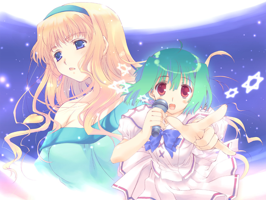 \m/ ahoge arm_up bangs bare_shoulders blonde_hair blouse blue_bow blue_eyes blue_neckwear blush_stickers bow breasts capelet eyebrows_visible_through_hair green_hair hairband heart heart_necklace hexagram highres holding holding_microphone jewelry large_breasts light_particles long_hair looking_at_viewer looking_up macross macross_frontier microphone miniskirt mitsumi_misato multiple_girls music off_shoulder outstretched_arm pendant projected_inset puffy_short_sleeves puffy_sleeves purple_background ranka_lee red_eyes school_uniform sheryl_nome short_hair short_sleeves singing skirt small_breasts star wallpaper white_blouse white_skirt