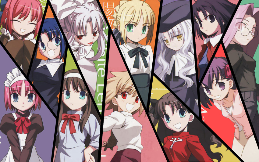 arcueid_brunestud artoria_pendragon_(all) blonde_hair caren_hortensia ciel crossover fate/hollow_ataraxia fate/stay_night fate_(series) highres hisui jpeg_artifacts kara_no_kyoukai kohaku len matou_sakura multiple_girls pointy_ears rider ryougi_shiki saber takeuchi_takashi third-party_edit toono_akiha toosaka_rin tsukihime wallpaper white_len