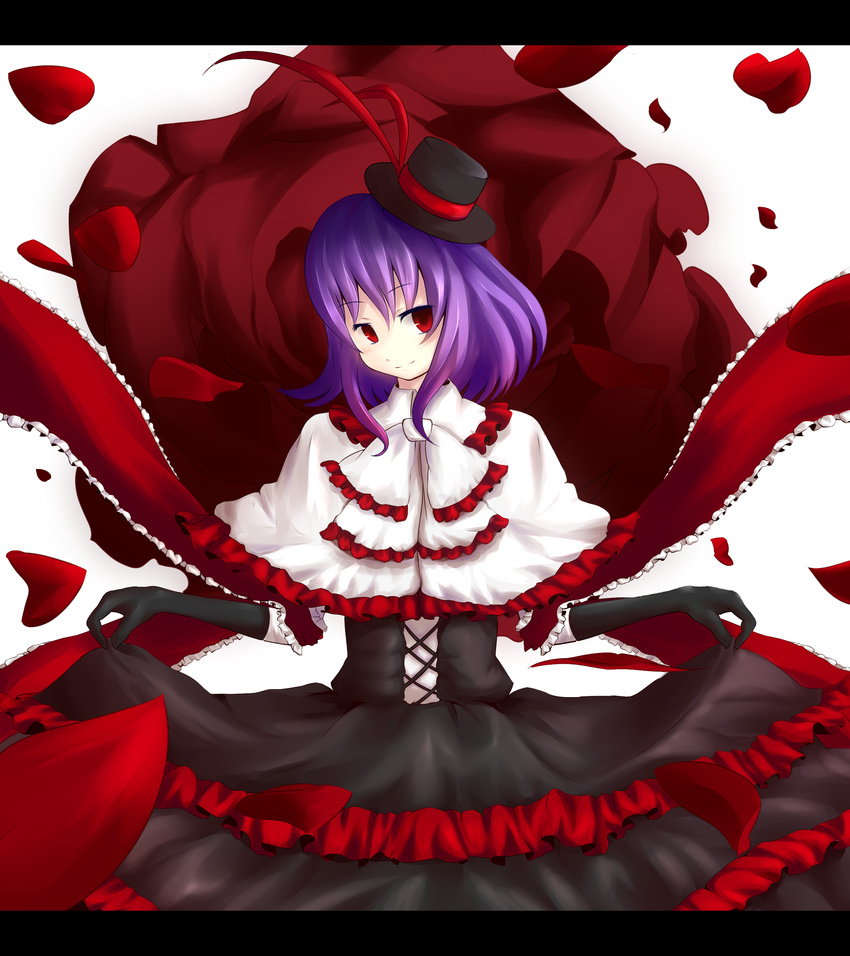 absurdres bad_id bad_pixiv_id flower hat highres nagae_iku petals purple_hair red_hair smile solo touhou xulhey