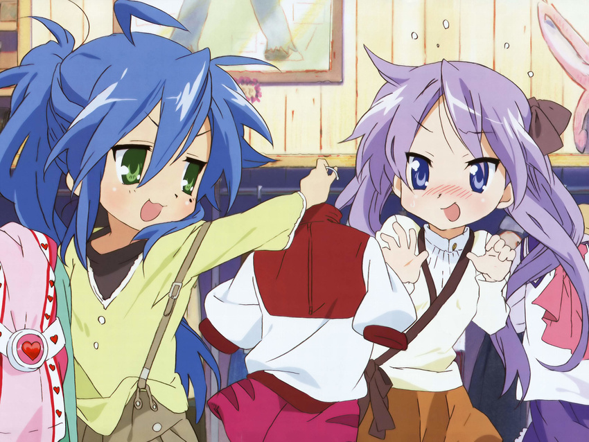 absurdres blue_eyes blue_hair blush dress-up green_eyes highres hiiragi_kagami izumi_konata lucky_star mole mole_under_eye multiple_girls non-web_source ponytail purple_hair shopping twintails