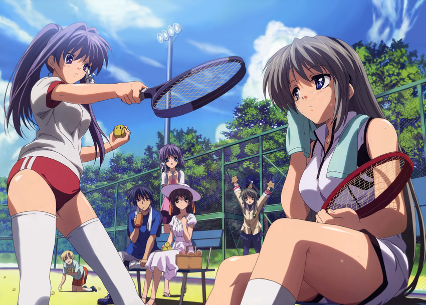 blonde_hair blue_eyes blue_hair brown_eyes brown_hair clannad dango_daikazoku day detexted double_vertical_stripe dress fujibayashi_kyou fujibayashi_ryou furukawa_nagisa gym_uniform hat highres ibuki_fuuko long_hair multiple_girls official_art okazaki_tomoya ponytail purple_eyes purple_hair racket sakagami_tomoyo short_hair siblings silver_hair sisters sportswear sundress sunohara_youhei takahashi_mariko tennis_racket tennis_uniform thighhighs third-party_edit twins very_long_hair