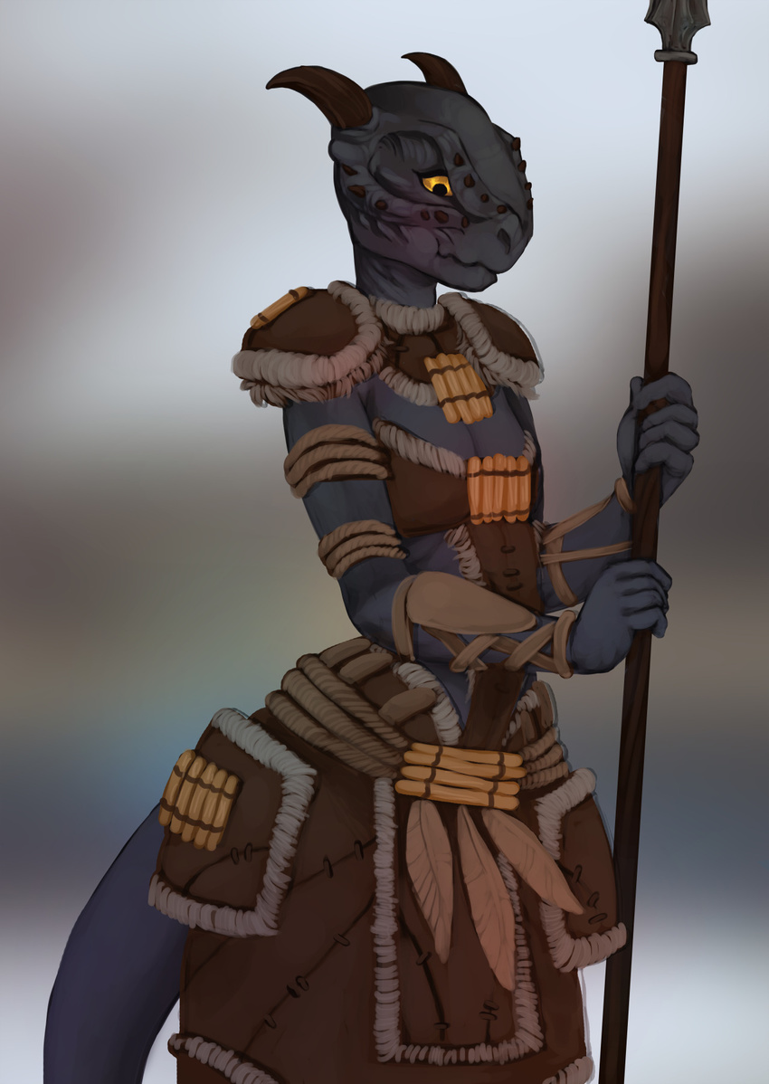 2016 abstract_background anthro argonian blush clothed clothing digital_media_(artwork) dress feathers female holding_object holding_weapon horn magic_user melee_weapon polearm ronnie92 runs-from-swords scalie solo spear the_elder_scrolls video_games weapon yellow_eyes