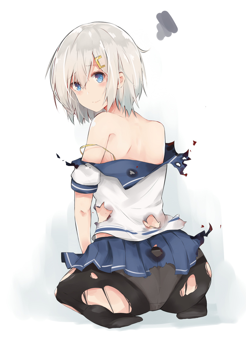 absurdres ass bare_shoulders between_legs black_legwear blue_eyes blue_skirt bra burnt_clothes closed_mouth from_behind hair_ornament hairclip hamakaze_(kantai_collection) hand_between_legs highres kantai_collection moonlaw off_shoulder panties panties_under_pantyhose pantyhose school_uniform serafuku shirt short_hair short_sleeves silver_hair sitting skirt solo squiggle torn_clothes torn_legwear torn_shirt torn_skirt underwear wariza white_panties white_shirt yellow_bra