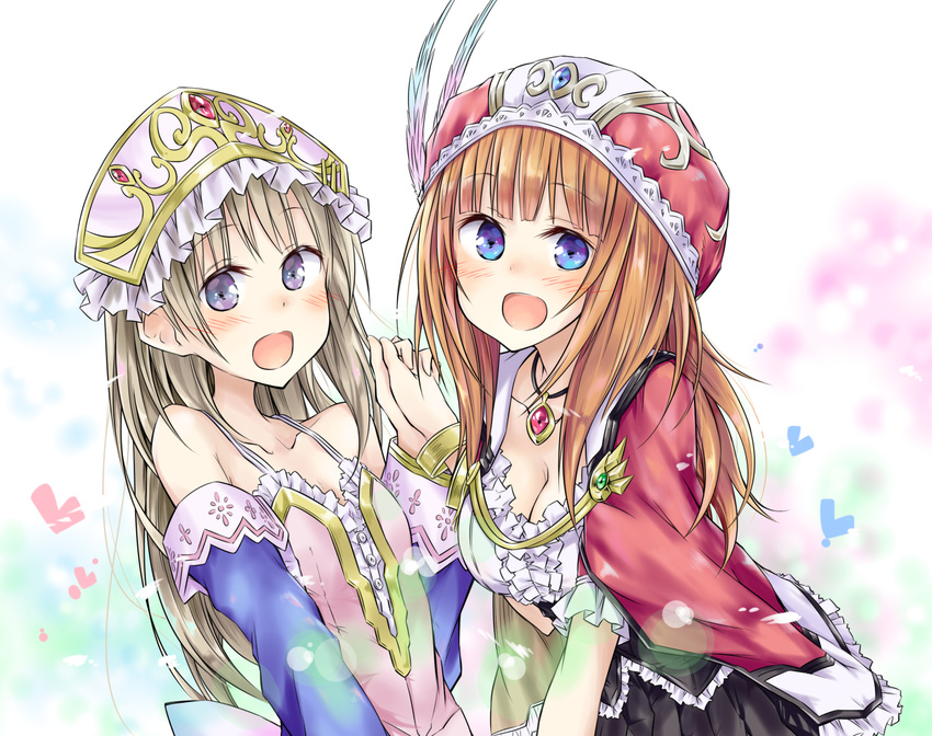 alt atelier_(series) atelier_rorona atelier_totori blue_eyes blue_sleeves blush bracelet breasts brown_hair cape cleavage detached_sleeves dress hat holding_hands jewelry long_hair medium_breasts multiple_girls necklace open_mouth purple_eyes rororina_fryxell small_breasts smile totooria_helmold