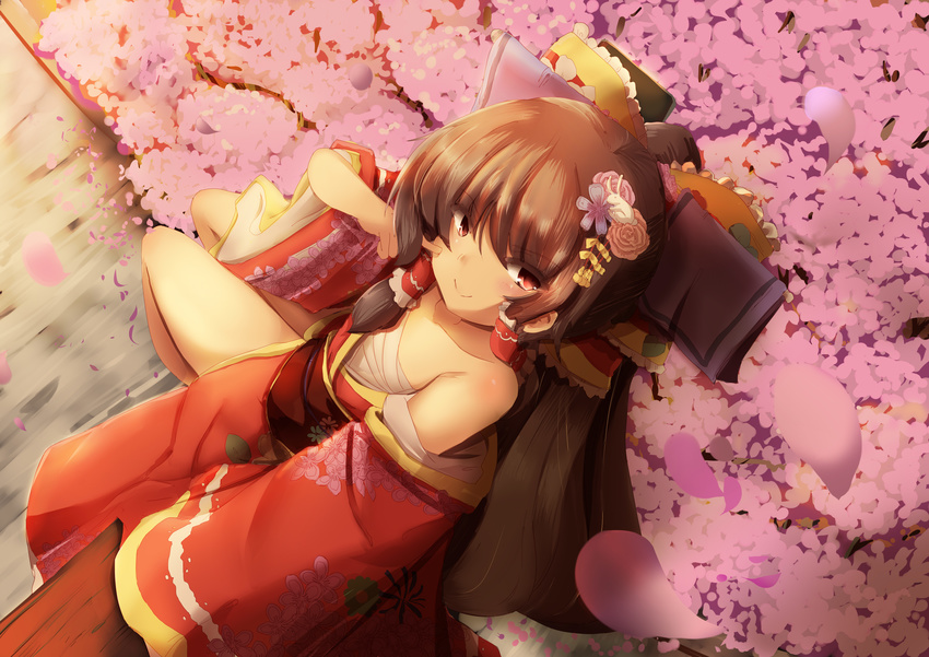 absurdres alternate_costume bow brown_hair cherry_blossoms closed_mouth finger_to_cheek floral_print flower frills from_above hair_bow hair_flower hair_ornament hair_tubes hakurei_reimu highres japanese_clothes kimono long_hair long_sleeves looking_at_viewer looking_up obi off_shoulder petals red_bow red_eyes red_kimono sarashi sash senbon_tsuki sidelocks smile solo touhou wide_sleeves