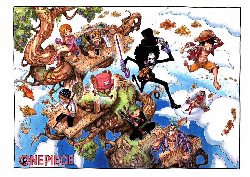 2girls 6+boys barefoot beanie black_hair blonde_hair blue_hair book boots brook cloud color_spread copyright_name eating fish flying flying_fish franky fruit goggles green_hair hair_over_one_eye hammer hand_on_hat haramaki hat hawaiian_shirt mallet monkey_d_luffy multiple_boys multiple_girls multiple_swords nami_(one_piece) necklace net nico_robin oda_eiichirou official_art one_piece open_mouth open_shirt orange_hair pink_shoes reading red_shoes roronoa_zoro running sandai_kitetsu sanji saw sheathed_sword shusui sitting skeleton sleeping smile smoking straw_hat sunglasses sunglasses_on_head sword tony_tony_chopper tree wado_ichimonji