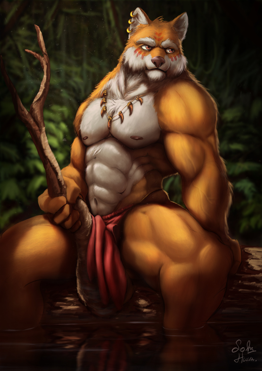 2016 abs absurd_res anthro arm_support biceps big_muscles black_nose brown_nose canine clothed clothing collar detailed digital_media_(artwork) ear_piercing fox fur hanukami hi_res holding_object jungle loincloth looking_away male mammal multicolored_fur muscular muscular_male navel nipples nude orange_fur outside pecs piercing red_eyes relaxing sitting solo topless tree two_tone_fur vein water white_fur