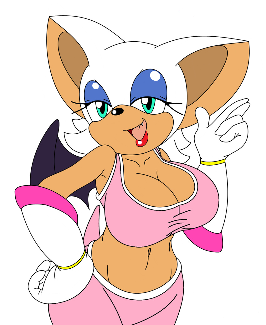 anthro armpits bat big_breasts blue_eyes bra breasts cleavage clothed clothing female gloves hair hi_res mammal michiyoshi midriff navel open_mouth rouge_the_bat simple_background smile solo sonic_(series) sports_bra underwear white_background white_hair wings