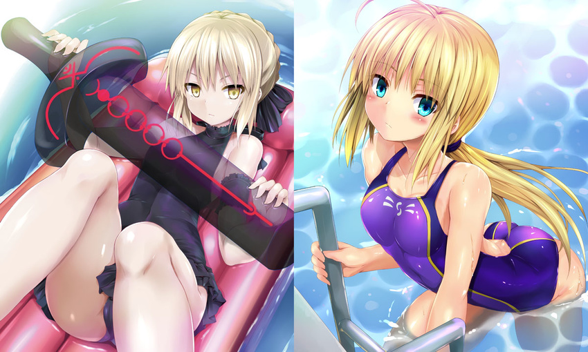 adapted_object afloat ahoge artoria_pendragon_(all) ass blonde_hair blush breasts casual_one-piece_swimsuit collarbone competition_swimsuit dark_excalibur dark_persona fate/grand_order fate/stay_night fate_(series) green_eyes hair_between_eyes inflatable_raft inflatable_toy long_hair low_ponytail multiple_girls one-piece_swimsuit pale_skin ponytail pool pool_ladder saber saber_alter sen_(astronomy) small_breasts swimsuit wading water yellow_eyes