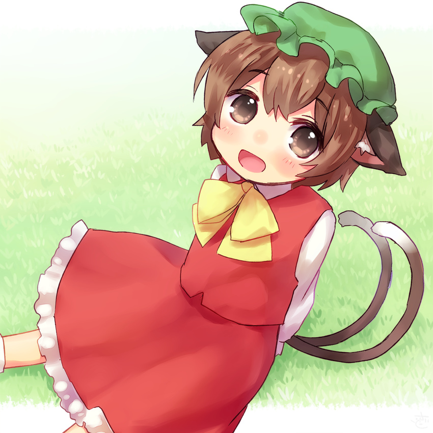:d animal_ears arms_behind_back bad_id bad_pixiv_id brown_eyes brown_hair cat_ears cat_tail chen dress frilled_dress frills grass hat highres looking_at_viewer mob_cap multiple_tails nekomata open_mouth outdoors ribbon sawatari_(sado) short_hair sitting smile solo tail touhou two_tails