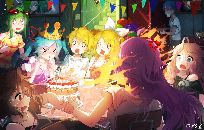 &gt;_&lt; 6+girls ahoge anger_vein aqua_hair aqua_nails artist_name bai_yemeng balloon bangs birthday_cake birthday_party black_shirt blonde_hair blouse blowing blue_eyes blush bow bowtie bra_strap brown_hair cake candle cat chair clenched_hands closed_eyes cup d: dishes dress_shirt dropping eyebrows eyebrows_visible_through_hair fire flying_sweatdrops food frills goggles goggles_on_head green_hair gumi hair_between_eyes hair_bow happy_birthday hatsune_miku ia_(vocaloid) in_the_face indoors kagamine_len kagamine_rin kaito long_hair megurine_luka meiko multiple_boys multiple_girls nail_polish o_o off_shoulder open_mouth party pennant picture_(object) pink_blouse pink_hair pink_shirt purple_hair red_eyes scared shaded_face shirt short_sleeves shoulder_cutout signature sitting sleeveless square_mouth stairs standing string_of_flags striped striped_shirt sweatdrop table tiara triangle_mouth twintails vocaloid wavy_mouth white_bow white_neckwear white_shirt you're_doing_it_wrong