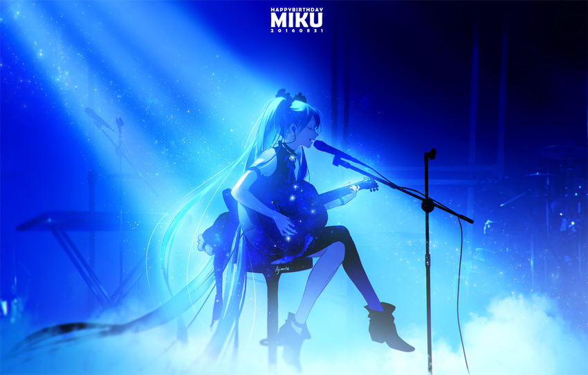 2016 absurdly_long_hair ajimita ankle_boots bangs blue boots cable character_name crossed_legs dated drum drum_set earbuds earphones english foot_dangle from_side guitar happy_birthday hatsune_miku headphones instrument light_particles light_rays long_hair microphone microphone_stand music piano playing_instrument profile singing sitting smoke solo stage stage_lights twintails very_long_hair vocaloid