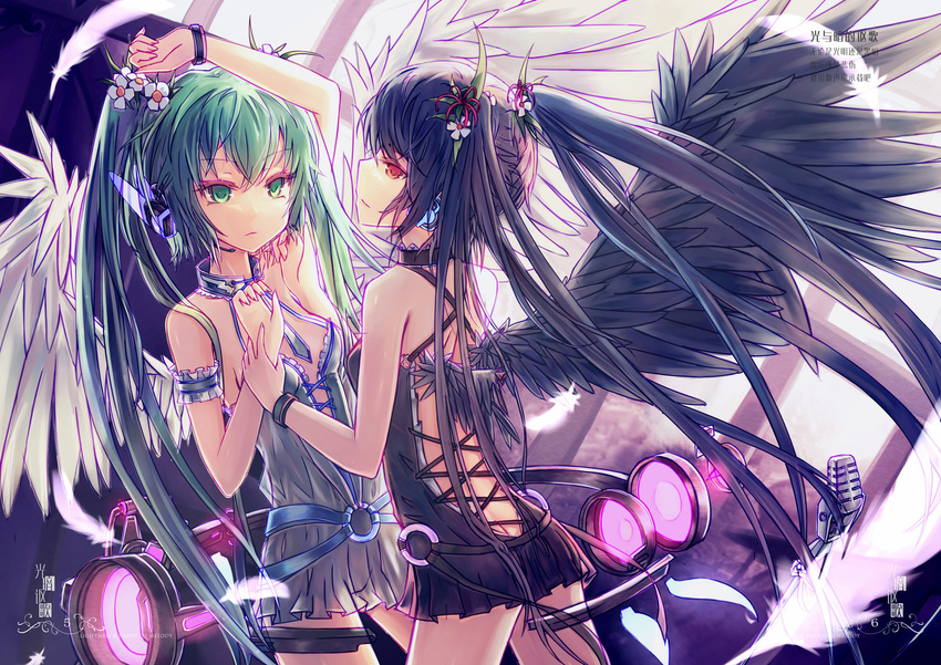 aqua_eyes aqua_hair arm_garter black_hair black_wings bracelet center_opening feathers flower hair_flower hair_ornament hatsune_miku jewelry long_hair multiple_girls necktie red_eyes twintails vocaloid wangchuan_de_quanyan white_wings wings