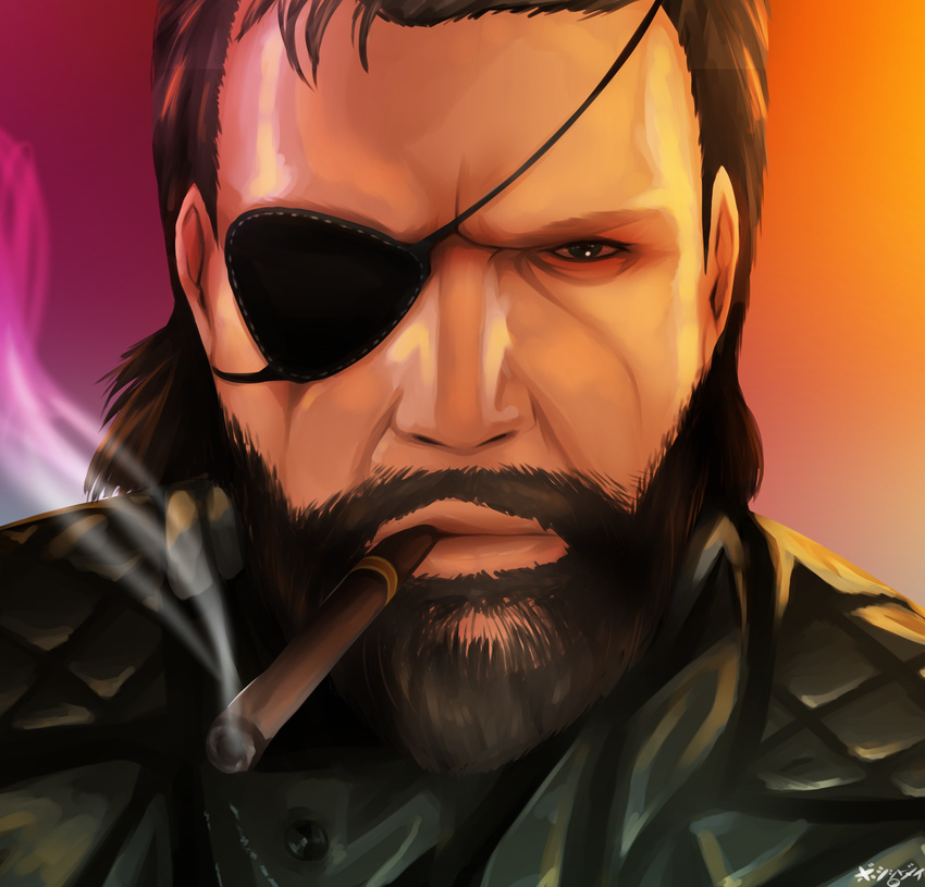 1boy beard born-to-die cigar eyepatch looking_at_viewer male_focus metal_gear_(series) metal_gear_solid shiny shiny_skin smoking solo upper_body