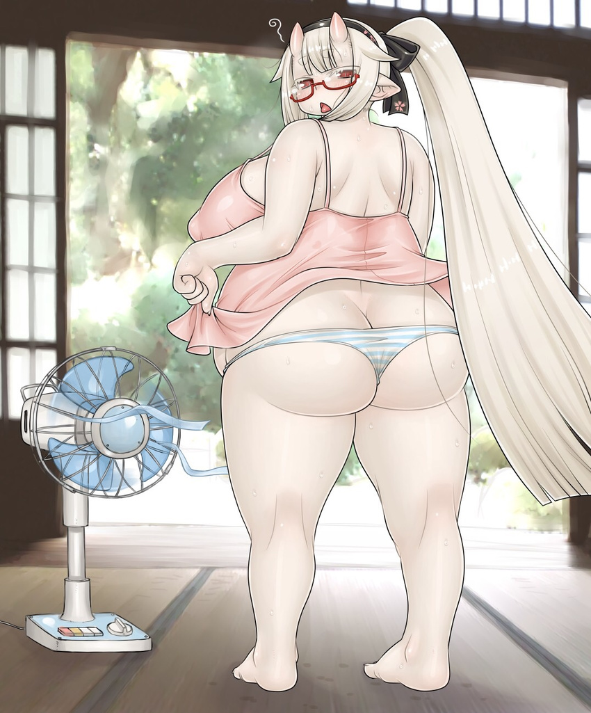 big_breasts big_butt blush breasts butt chikurako_kanoeki eyewear fan_(disambiguation) female glasses horn looking_at_viewer namu_gunsou oni overweight side_boob solo thick_thighs