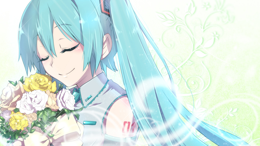 aqua_hair bare_shoulders blush bouquet closed_eyes detached_sleeves ear flower hair_between_eyes haru_aki hatsune_miku highres long_hair smile solo twintails upper_body vocaloid