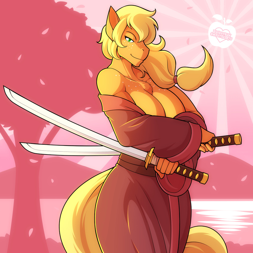 anthro applejack_(mlp) breasts cherry_blossom cleavage clothed clothing earth_pony equine freckles friendship_is_magic horse japanese_clothing kimono mammal marik_azemus34 melee_weapon my_little_pony plant pony ponytail smile smirk solo sword weapon