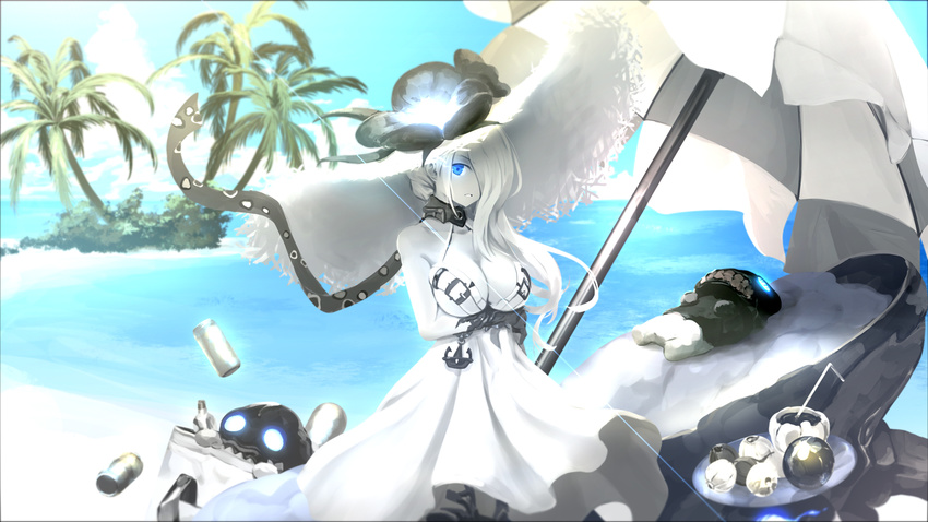 beach black_gloves blue_eyes blue_sky breasts cleavage cloud commentary_request day dress flower gloves hair_over_one_eye hat hat_flower highres kantai_collection kouji_(astral_reverie) large_breasts long_hair looking_at_viewer ocean outdoors palm_tree parasol sand seaport_summer_hime shinkaisei-kan sky solo sun_hat sundress tree umbrella water white_dress white_hair white_hat white_skin