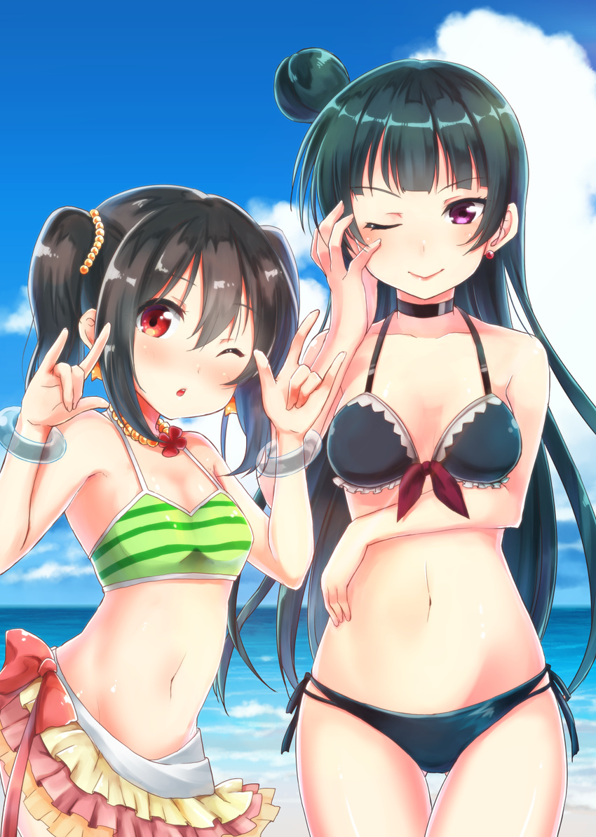 &gt;:) ;) \m/ ass_visible_through_thighs bangle bangs beach bikini bikini_skirt black_hair bracelet choker double_\m/ earrings front-tie_bikini front-tie_top hair_between_eyes hand_on_own_cheek hand_on_own_face highres jewelry long_hair looking_at_viewer love_live! love_live!_school_idol_project love_live!_sunshine!! midriff multi-strapped_bikini multiple_girls nachiku natsuiro_egao_de_1_2_jump! navel necklace nico_nico_nii one_eye_closed purple_eyes red_eyes side-tie_bikini side_bun smile standing star star_earrings striped_bikini_top swimsuit thigh_gap tsushima_yoshiko twintails v-shaped_eyebrows yazawa_nico