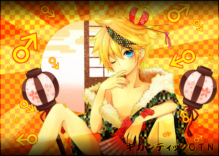 1boy blonde_hair blue_eyes blush checkered crown egasumi fan finger_to_mouth floral_print fur gigantic_o.t.n_(vocaloid) gradient japanese_clothes kagamine_len knees_up male_focus mars_symbol misao_(misaoppai) multicolored_hair obi one_eye_closed simple_background sitting solo traditional_clothes vocaloid