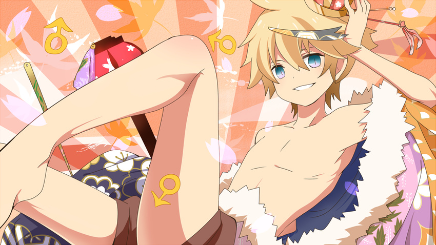 1boy blonde_hair blue_eyes body_blush crown floral_print fur gigantic_o.t.n_(vocaloid) japanese_clothes kagamine_len knee_up male_focus mars_symbol open_clothes rumia_(compacthuman) simple_background smile solo traditional_clothes vocaloid