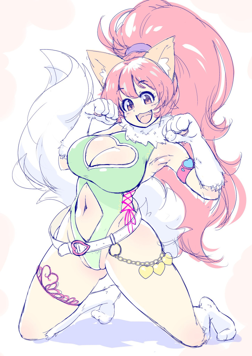 1girl animal_ears bare_legs bare_shoulders breasts cat_ears cat_girl cleavage cleavage_cutout curvy fangs female happy heart_cutout highleg highleg_leotard large_breasts leotard long_hair open_mouth paw_print perisie_(star_ocean) pink_hair ponytail ryoi shiny simple_background sketch smile solo star_ocean star_ocean_first_departure tail thick_thighs thighhighs thighs very_long_hair