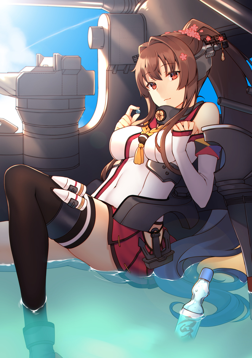 absurdres anchor brown_hair cherry_blossoms detached_sleeves flower hair_flower hair_ornament headgear highres kantai_collection lens_flare lio_(tsukuyomi-tei) long_hair looking_at_viewer marble miniskirt ponytail ramune single_thighhigh skirt smile solo thighhighs turret yamato_(kantai_collection)