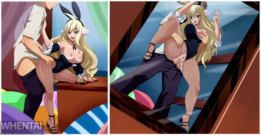 blonde_hair blush breasts bunny_ears bunny_suit character_request cum fairy_tail mavis_vermilion nipples open_mouth pussy saliva