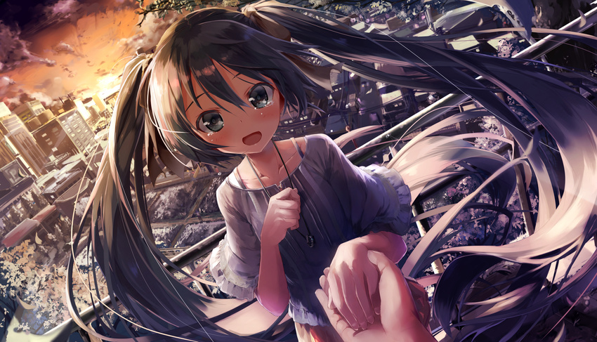 blush bra_strap city daidou_(demitasse) dutch_angle floating_hair green_eyes green_hair hatsune_miku highres holding_hands jewelry long_hair necklace open_mouth out_of_frame pov railing revision solo_focus sunset twintails very_long_hair vocaloid