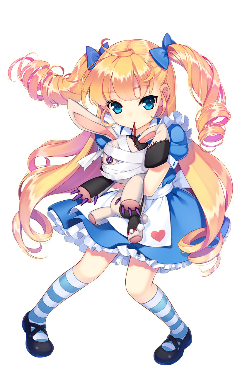 alice_(soccer_spirits) black_footwear blonde_hair blue_bow blue_dress bow dress drill_hair frilled_skirt frills full_body hair_bow highres holding holding_stuffed_animal long_hair looking_at_viewer official_art shirahane_nao shoes skirt soccer_spirits socks solo standing striped striped_legwear stuffed_animal stuffed_bunny stuffed_toy transparent_background twin_drills