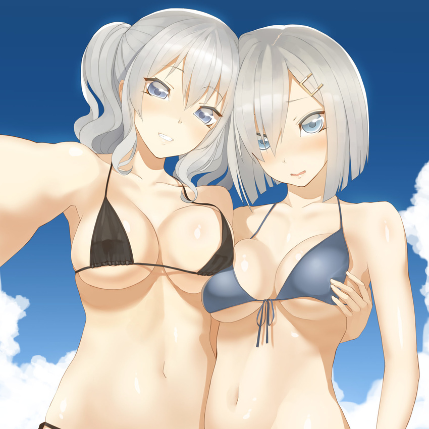 arm_around_back asymmetrical_docking bad_id bad_pixiv_id bikini black_bikini blue_bikini_top blue_eyes blush breast_press breasts cleavage cloud collarbone day embarrassed eyebrows eyebrows_visible_through_hair front-tie_top grey_hair grin hair_over_one_eye hamakaze_(kantai_collection) head_tilt highres kantai_collection kashima_(kantai_collection) looking_at_viewer medium_breasts multiple_girls navel nose_blush open_mouth outdoors outstretched_arm reaching_out self_shot sky smile swimsuit throtem twintails