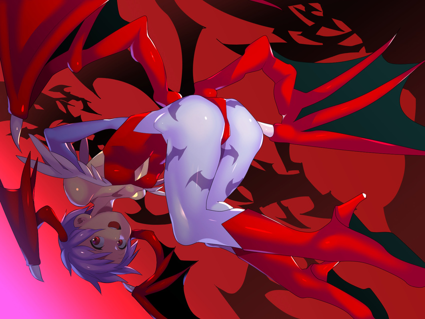 1girl ass bat_print boots capcom demon_girl female head_wings high_heels leotard lilith_aensland open_mouth pigfarm55555 purple_hair shiny shiny_skin short_hair solo succubus vampire_(game) wings