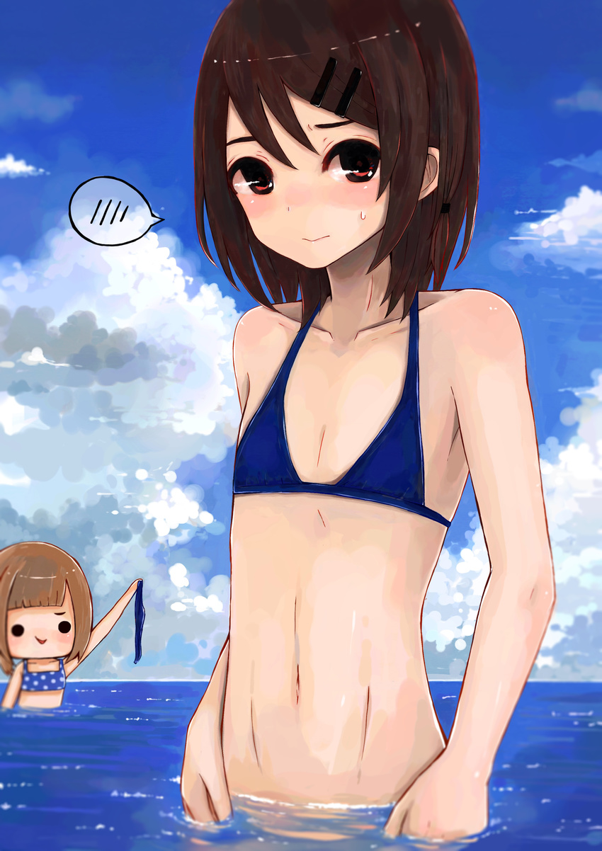 1girl :&gt; absurdres arm_at_side arm_up arms_at_sides assisted_exposure bangs bikini bikini_bottom_removed black_eyes blue_bikini blue_sky blunt_bangs blush brown_eyes brown_hair closed_mouth clothes_theft cloud cloudy_sky collarbone day embarrassed flat_chest hair_between_eyes hair_ornament hair_ribbon hair_tie hairclip half_updo halter_top halterneck highres holding holding_bikini_bottom holding_swimsuit horizon johnjohn looking_at_viewer navel ocean original otoko_no_ko outdoors partially_submerged polka_dot polka_dot_bikini ribbon short_hair sky smile spoken_blush standing stomach sweatdrop swimsuit swimsuit_theft theft tress_ribbon upper_body water