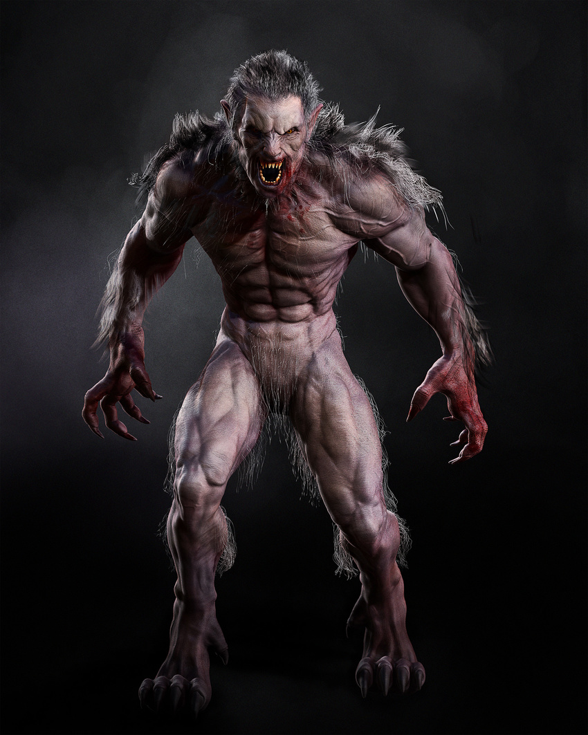 2016 3d_(artwork) 4_toes abs angry animal_humanoid biceps big_muscles blood blood_on_hand blood_on_mouth canine claws digital_media_(artwork) digitigrade fighting_stance front_view full-length_portrait fur grey_fur grey_hair hair hi_res humanoid looking_at_viewer male mammal muscular naturally_censored nude open_mouth orange_eyes pecs portrait pubes sharp_claws sharp_teeth simple_background solo standing takayuki_tsujimoto teeth toe_claws toes vein were werewolf wolf wolf_humanoid