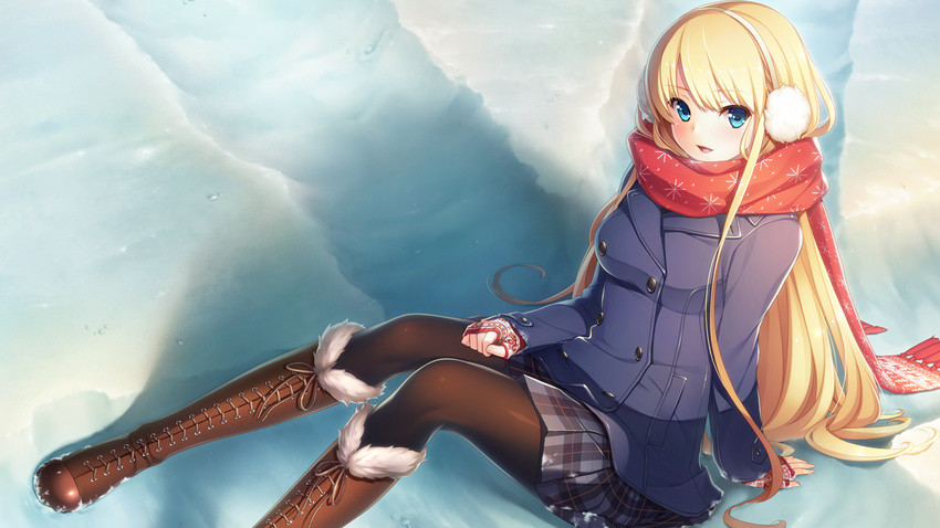 :d aqua_eyes arm_support bethly_rose_daisley blonde_hair blush boots brown_footwear coat cross-laced_footwear earmuffs fur-trimmed_boots fur_trim game_cg gin'iro_haruka knee_boots koizumi_amane long_hair open_mouth pantyhose plaid plaid_skirt pleated_skirt scarf sitting skirt smile snow solo very_long_hair winter_clothes
