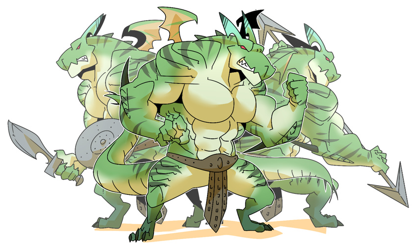 2016 3_toes 5_fingers abs anthro belt biceps big_biceps black_claws bravely_default bravely_second claws clenched_teeth clothed clothing colored digital_drawing_(artwork) digital_media_(artwork) dragon empty_eyes fighting_stance front_view frown green_claws green_markings green_scales group happyending holding_object holding_weapon huge_muscles lance loincloth long_tail male markings melee_weapon metal multicolored_scales muscular muscular_male pecs polearm pose red_eyes scales scalie serratus shaded sharp_teeth shield simple_background snout striped_body stripes sword teeth thick_tail toes toony topless two_tone_scales warrior weapon white_background wings yellow_scales