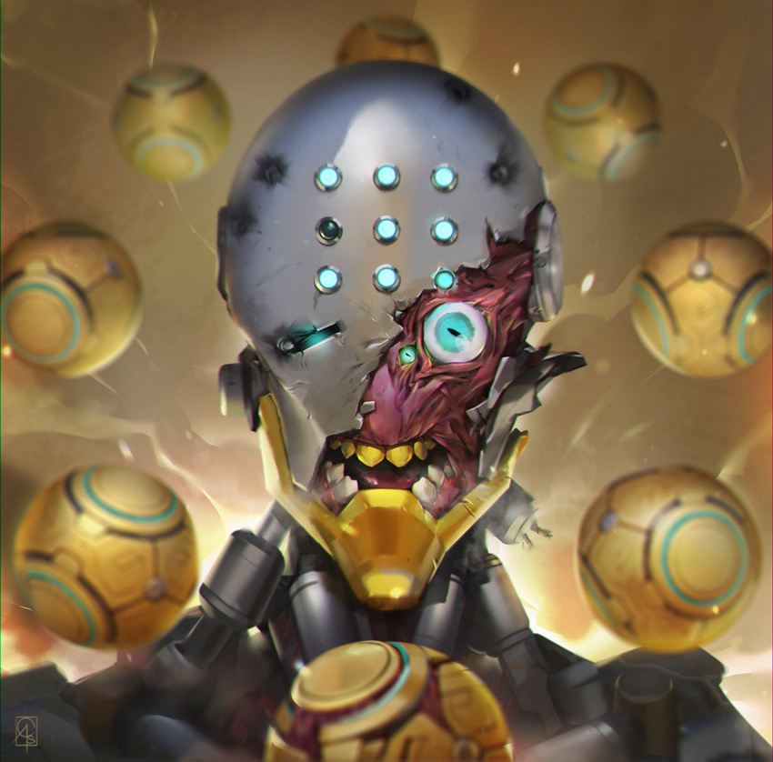 aqua_eyes berserker_rage broken_helmet chromatic_aberration commentary crack damaged eyes neon_genesis_evangelion no_humans omnic open_mouth orb overwatch parody signature solo teeth upper_body zenyatta_(overwatch)