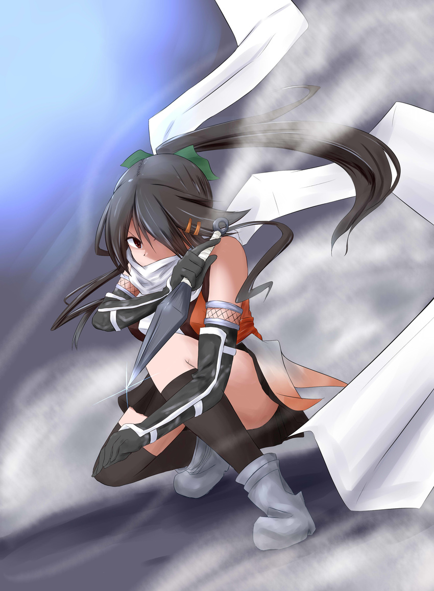 absurdres alternate_costume alternate_hairstyle bare_shoulders commentary_request cosplay elbow_gloves gloves hair_ornament hair_over_one_eye hair_ribbon hairclip haruna_(kantai_collection) highres kantai_collection kneehighs kunai looking_at_viewer namikawa_kuroha ponytail remodel_(kantai_collection) ribbon scarf sendai_(kantai_collection) sendai_(kantai_collection)_(cosplay) solo weapon white_scarf