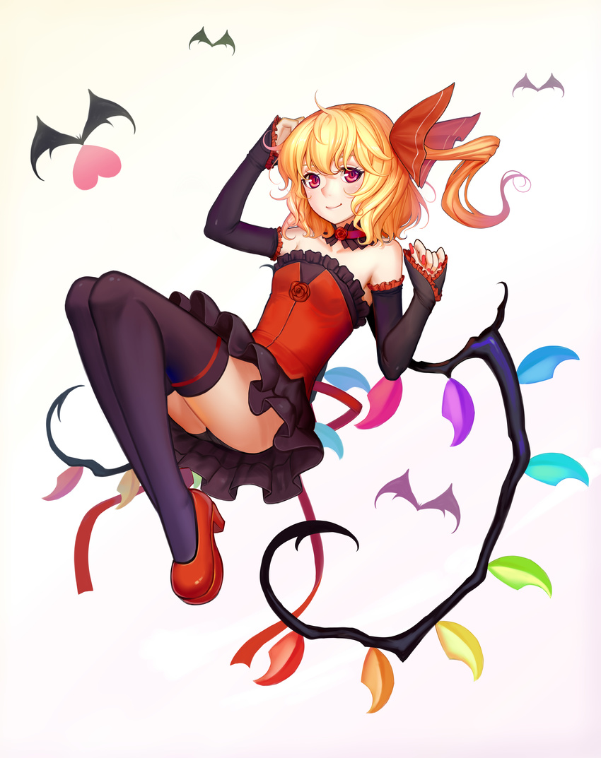 absurdres adapted_costume ass bare_shoulders bat black_gloves black_legwear black_panties blonde_hair closed_mouth detached_collar detached_sleeves dress flandre_scarlet flower frilled_dress frills full_body gloves hair_ribbon heart high_heels highres looking_at_viewer nail_polish panties pantyshot red_dress red_eyes red_flower red_footwear red_ribbon red_rose ribbon rose shoes short_dress side_ponytail simple_background smile solo sonikey0_0 thighhighs touhou underwear upskirt wings